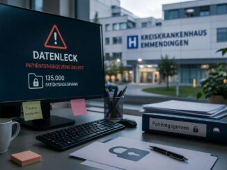 AI-illustratie van een ziekenhuiscomputer met een waarschuwing voor een datalek van patiëntengegevens.