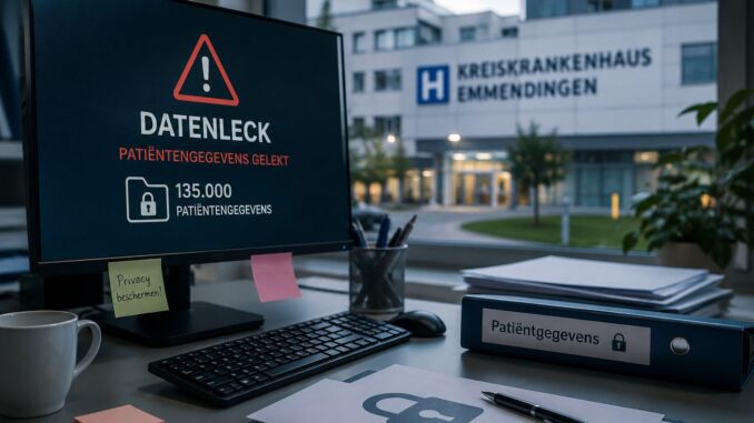 AI-illustratie van een ziekenhuiscomputer met een waarschuwing voor een datalek van patiëntengegevens.