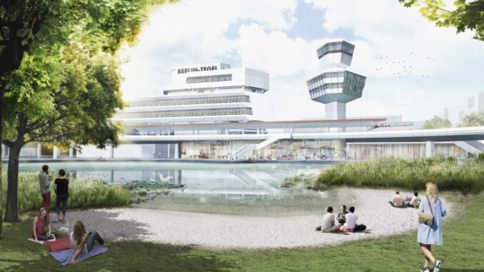 Artist impression van de toekomstige herontwikkeling van de voormalige luchthaven Berlijn-Tegel met de iconische verkeerstoren, terminal, water en groen.