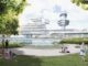 Artist impression van de toekomstige herontwikkeling van de voormalige luchthaven Berlijn-Tegel met de iconische verkeerstoren, terminal, water en groen.