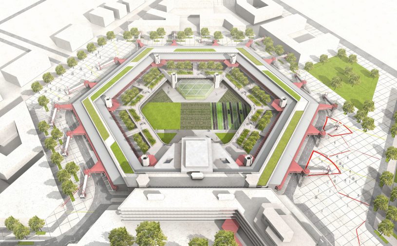 Bovenaanzicht van de toekomstige herontwikkeling van de zeshoekige terminal van de voormalige luchthaven Berlijn-Tegel.