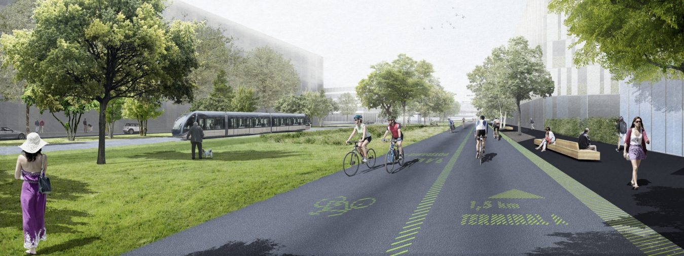 Artist impression van de toekomstige tramverbinding, fietspaden en groene openbare ruimte in Berlijn TXL.