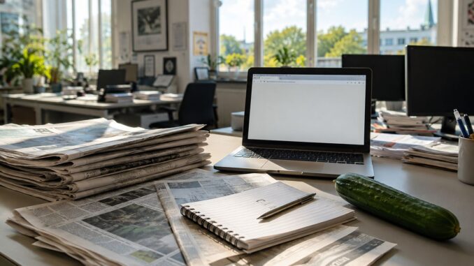 Illustratie van een Duitse redactieruimte met kranten, laptop en een komkommer als verwijzing naar de komkommertijd.