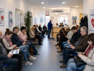 Overvolle wachtkamer van een huisartsenpraktijk in Duitsland (AI-illustratie)