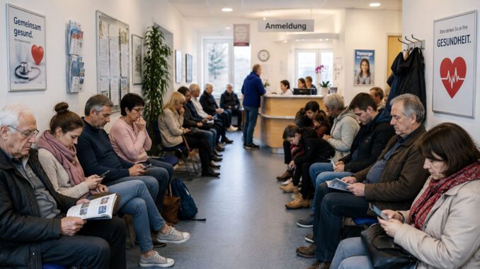 Overvolle wachtkamer van een huisartsenpraktijk in Duitsland (AI-illustratie)