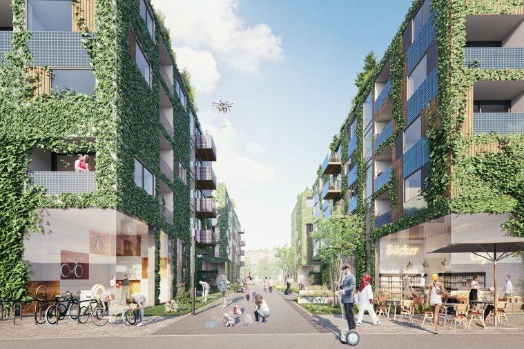 Artist impression van het Schumacher Quartier met duurzame woningen en veel groen op de voormalige luchthaven Berlijn-Tegel.